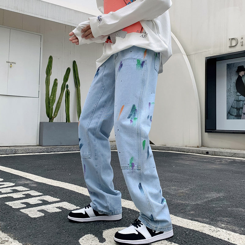 Men Jeans Splash-Ink Jeans Men's Autumn Baggy Straight Trousers Casual Trousers