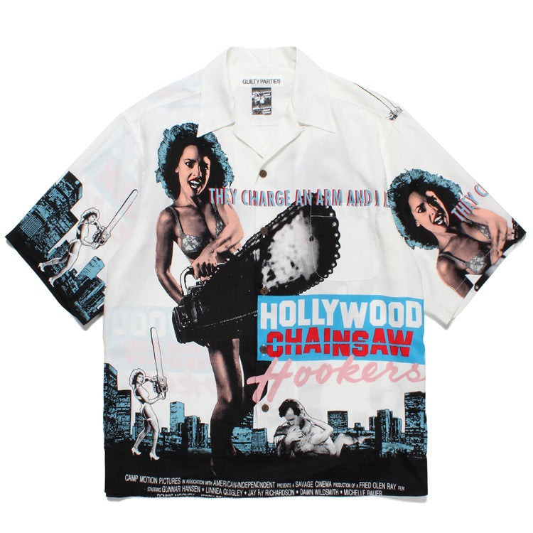 GUILTYPARTIES TIGER Shirts 23SS CHAINSAW Chainsaw Horror Hawaiian Short Sleeve Shirt Men