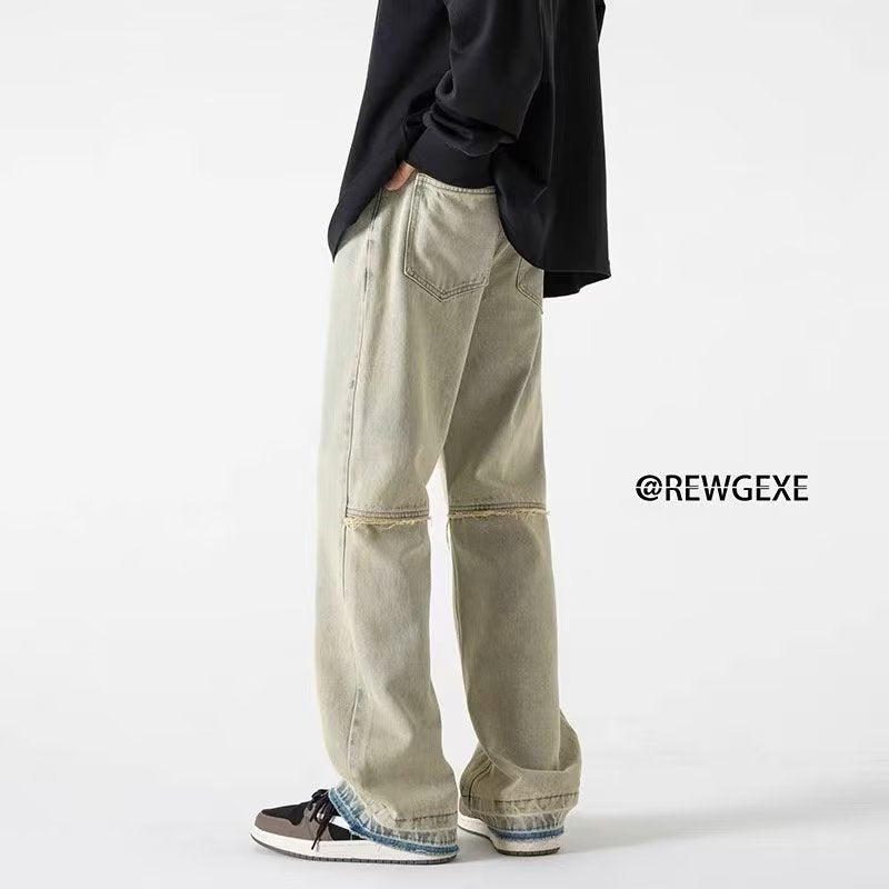 Men Jeans Retro Washed Jeans Men's Loose Straight Bootleg Pants