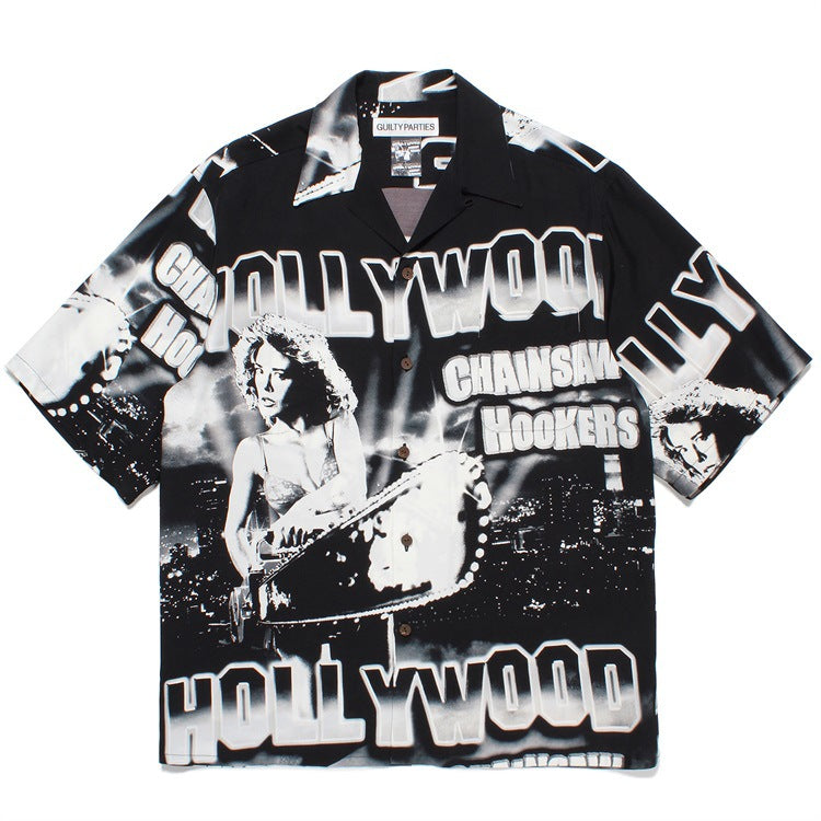 GUILTYPARTIES TIGER Shirts 23SS CHAINSAW Chainsaw Horror Hawaiian Short Sleeve Shirt Men