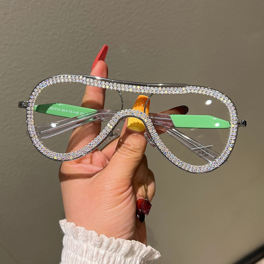 Trendy punk glasses diamond-encrusted anti-blue light double beam