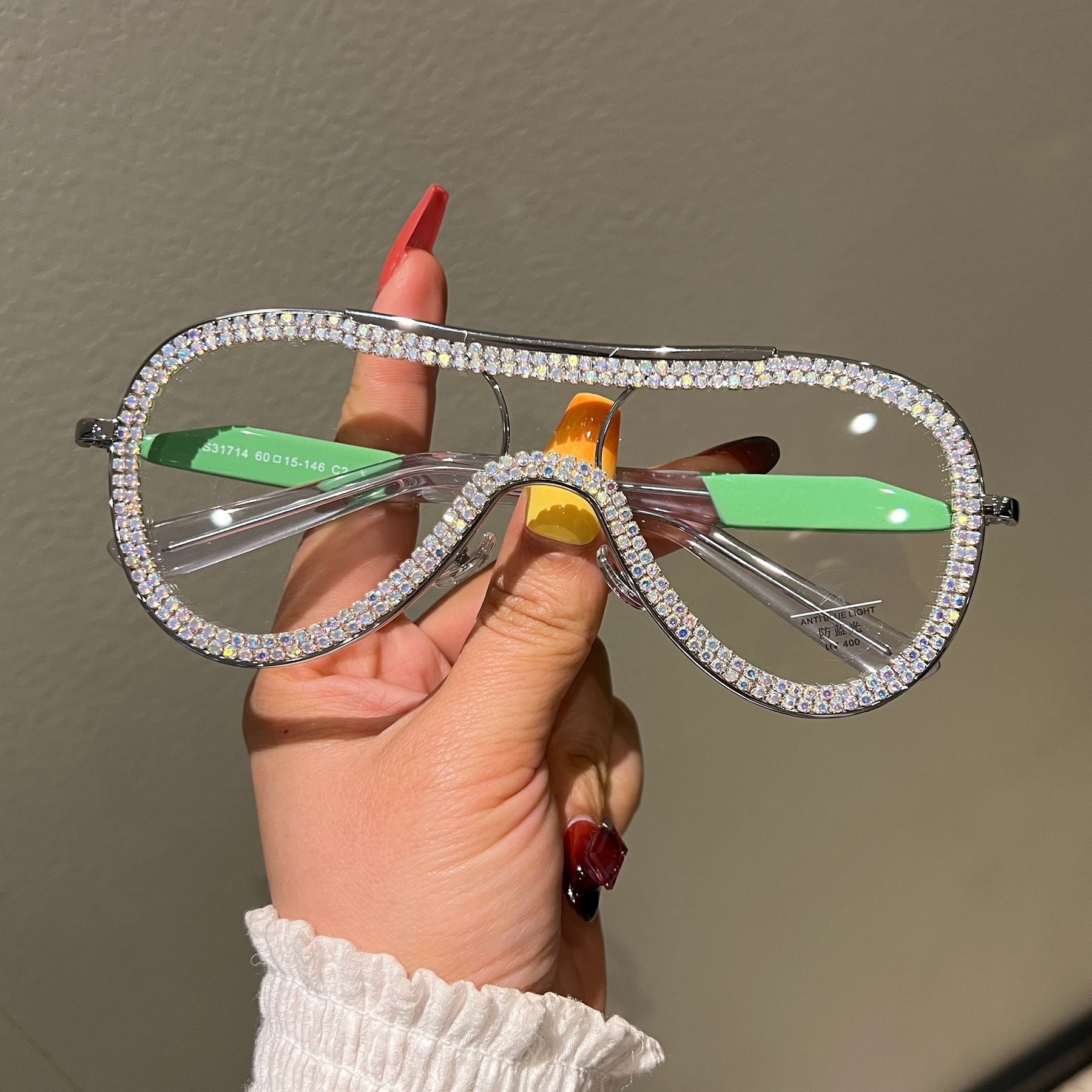 Trendy punk glasses diamond-encrusted anti-blue light double beam
