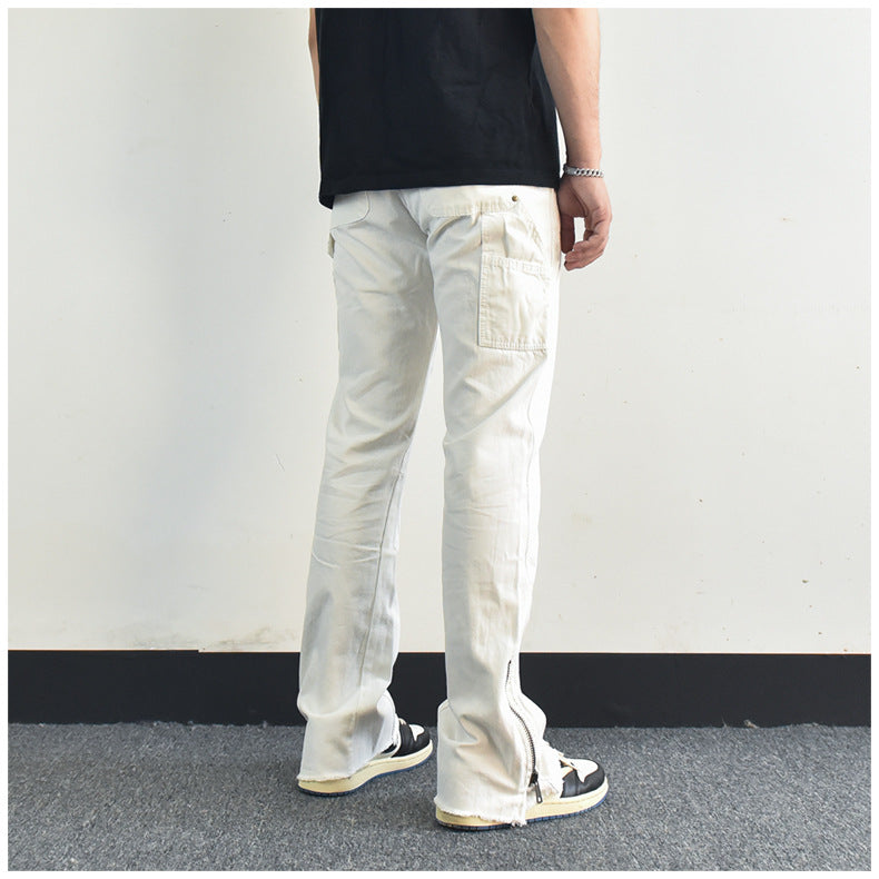 Men Jeans Zipper Slit Slightly Flared Casual Pants Loose Cargo Pants