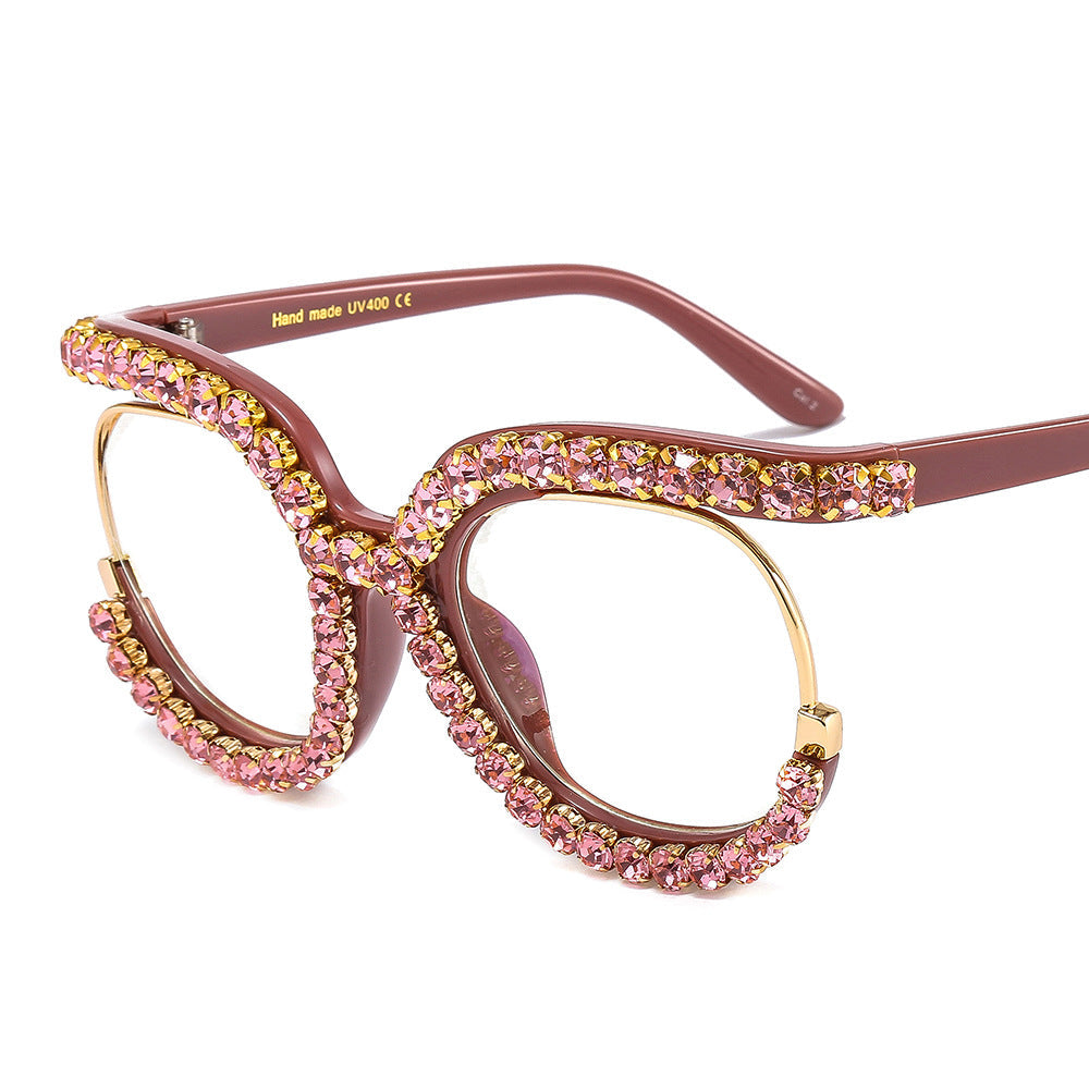 Trendy punk glasses half-frame diamond uv protection