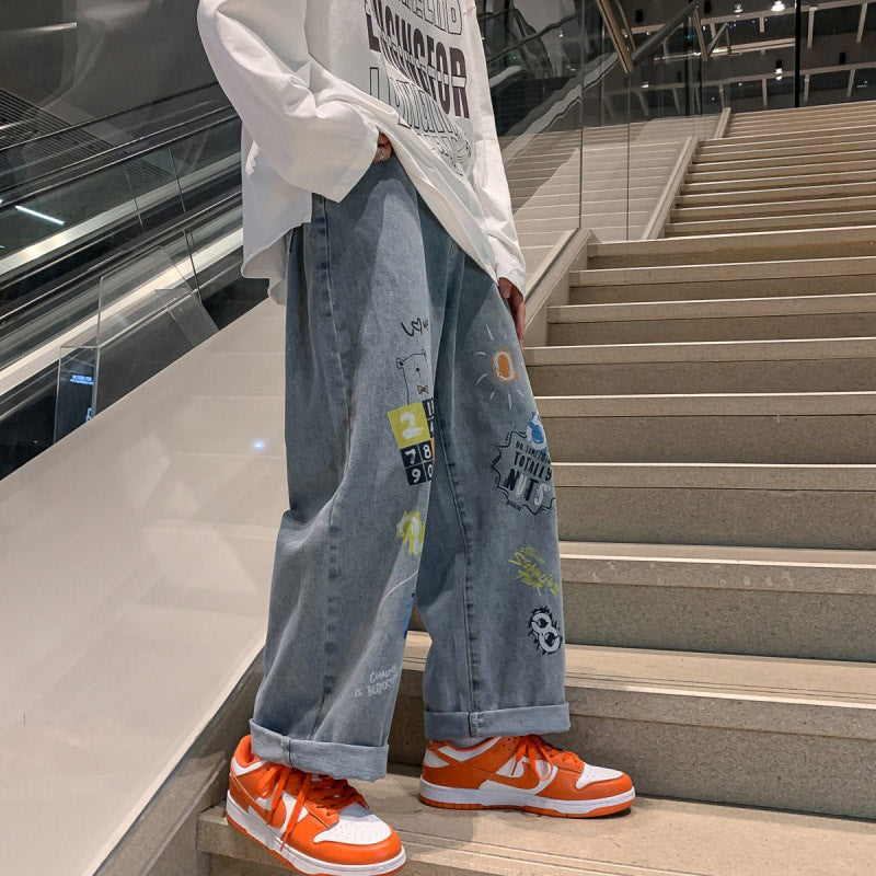 Men Jeans Spring and Autumn Loose-Fitting Wide-Leg Trousers Hip Hop Graffiti Pants