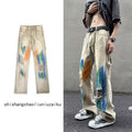 Men Jeans Washed Jeans Ripped Tie-Dye Pants Men Straight-Leg Pants