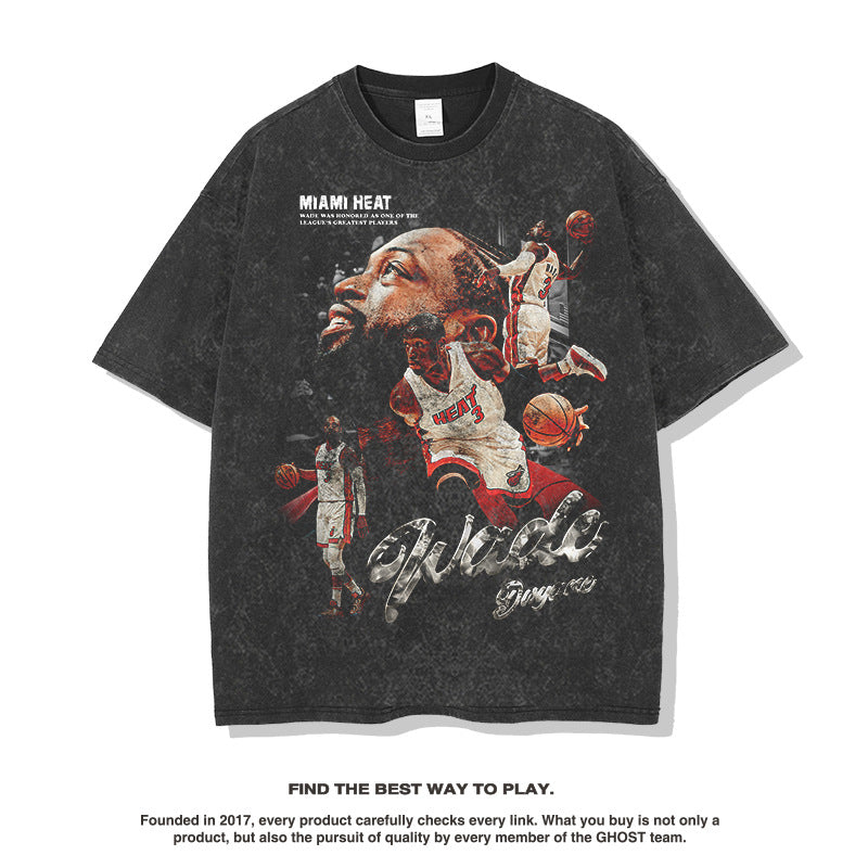 Nba T-shirt Summer Printed Short-Sleeved T-shirt Heavy Cotton Washed Distressed Top for Men