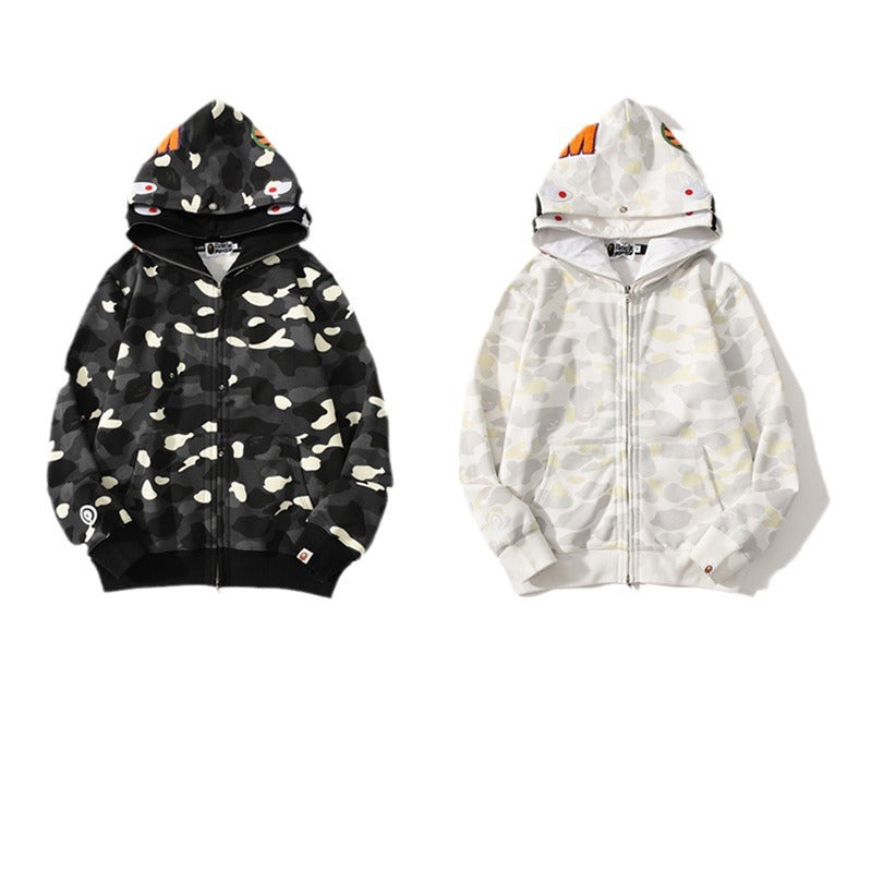 Bathing Ape Hoodie Double Hat Luminous Camouflage Cardigan Zip Hooded Velvet Shark