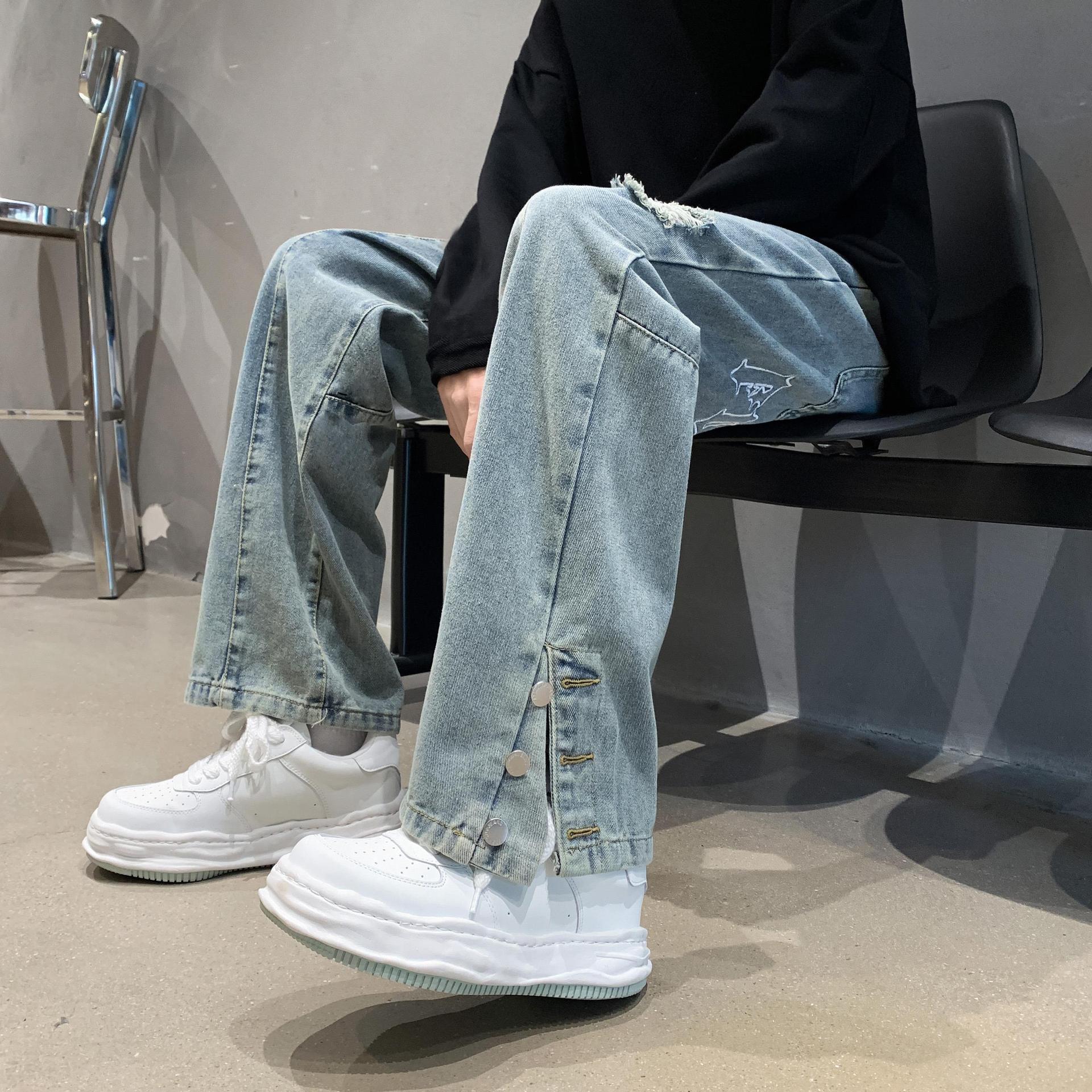 Men Jeans Letter Embroidered Jeans Men's Spring Hip Hop Hiphop Baggy Straight Trousers