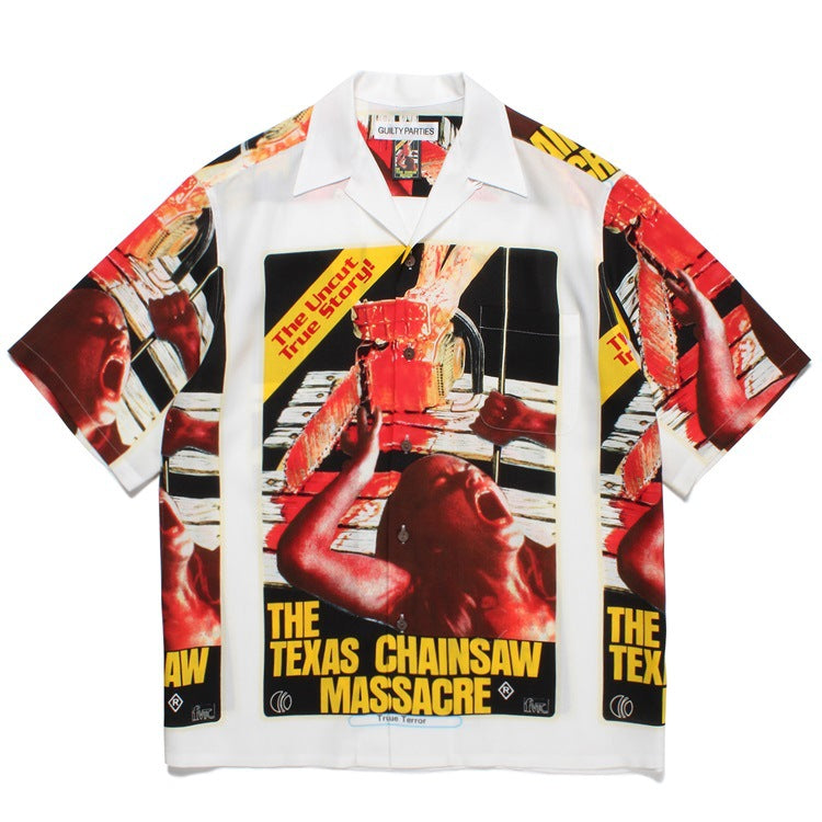 GUILTYPARTIES TIGER Shirts 23SS CHAINSAW Chainsaw Horror Hawaiian Short Sleeve Shirt Men