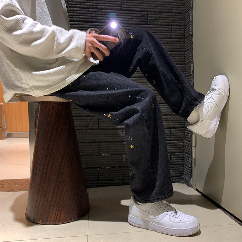 Men Jeans Splash Ink Paint Spots XINGX Embroidered Jeans Vintage Straight Loose Dad Jeans