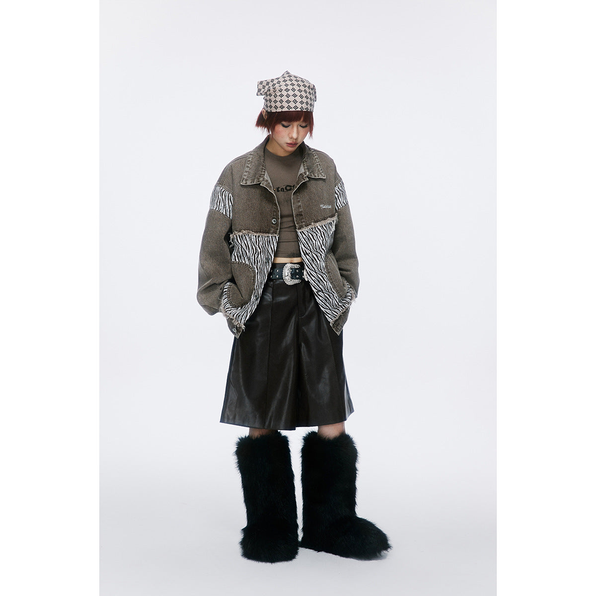 Unisex Jacket Vintage Zebra Pattern Stitching Washed Turn-down Collar Coat