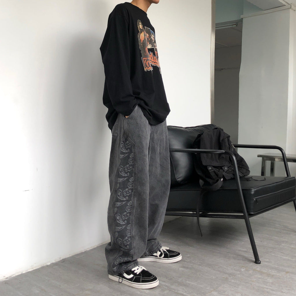 Men Jeans Washed Denim Trousers Elastic Waist Baggy Straight Trousers