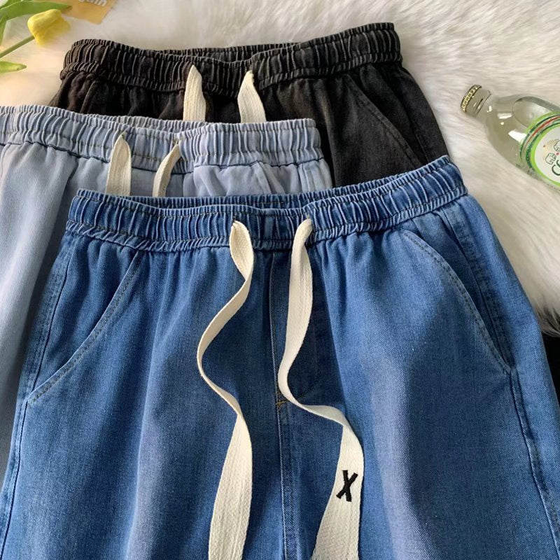 Men Jeans Straight Loose Summer Light Color Retro Casual Wide Leg Pants