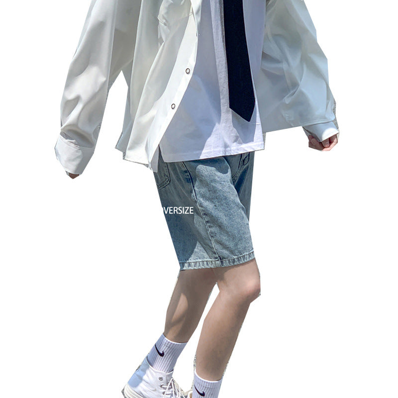 Men Jeans Denim Shorts Loose Retro Straight-Leg Pants Summer