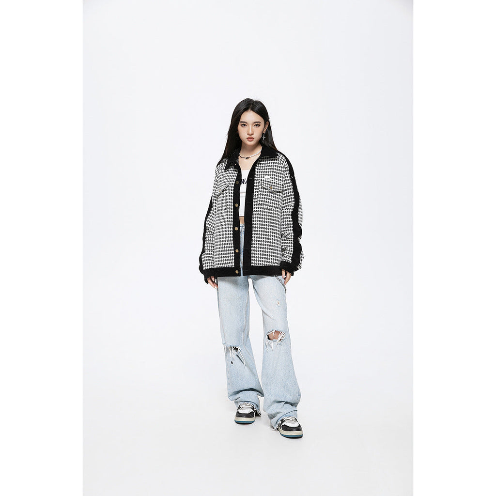 Unisex Jacket Retro Patchwork Polo Collar Jacket Loose Couple Coat