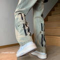 Men Jeans Zipper Jeans Men's Spring Retro Loose Wide Leg Straight Casual Trousers