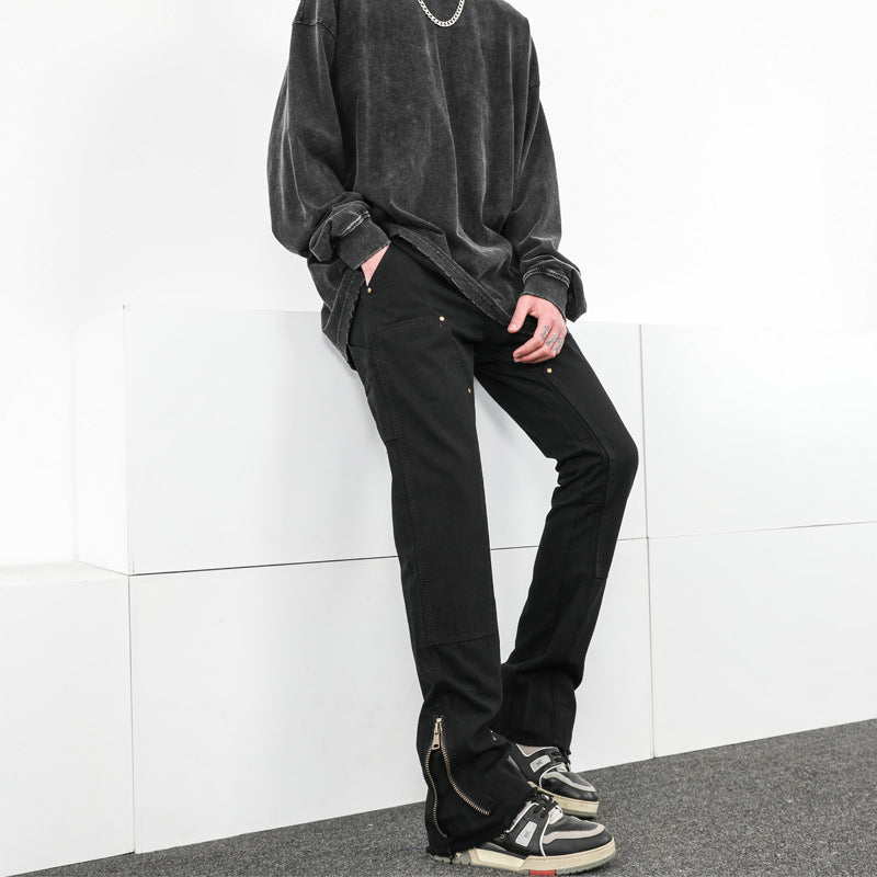 Men Jeans Casual Pants Zipper Cargo Pants Straight Bootleg Pants