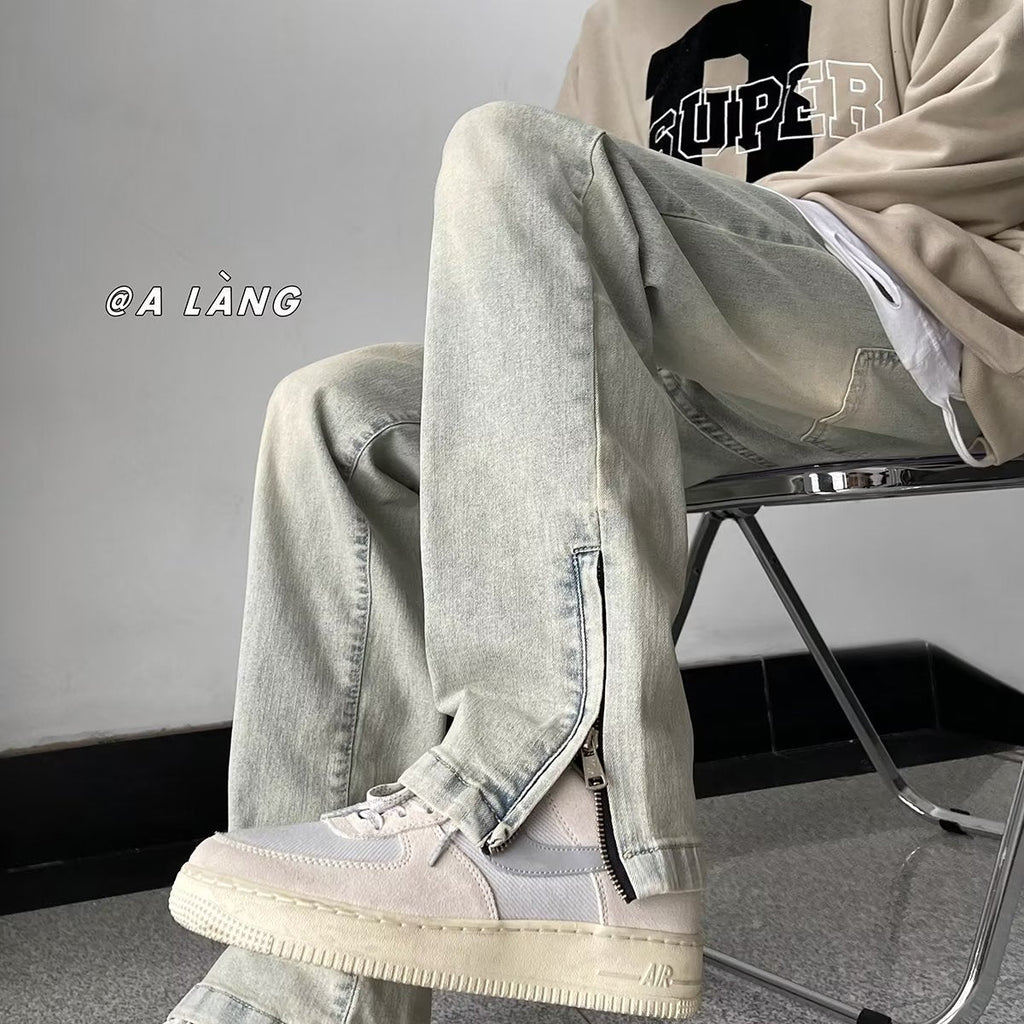 Men Jeans Side Zipper Skinny Jeans Men's Summer Retro Washed Straight-Leg Trousers