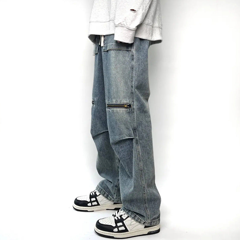 Men Jeans Spring and Autumn Vintage Zipper Loose Straight Wide Leg Straight Casual Trousers