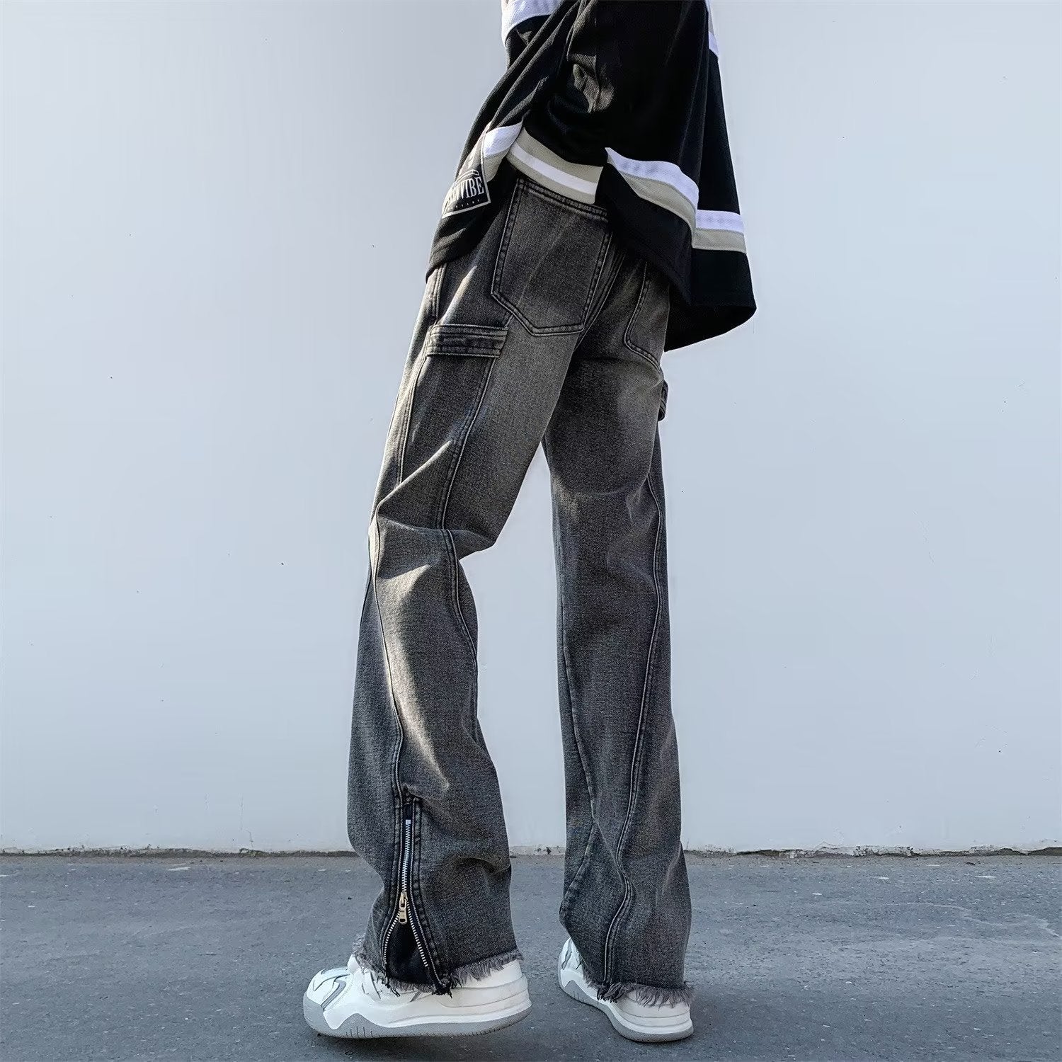 Men Jeans Oversize Zipper Jeans Summer Slim-Fit Micro Flared Pants
