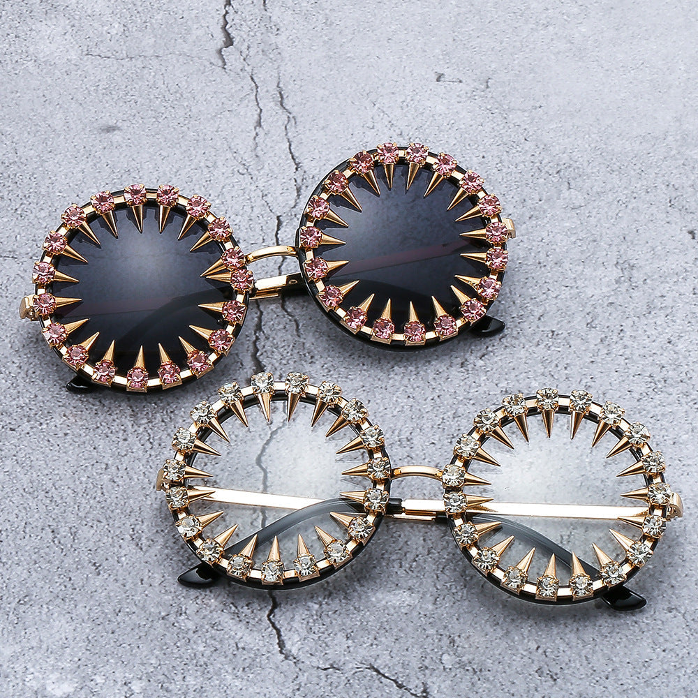 Trendy punk glasses round frame rhinestones