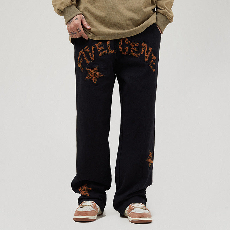 Men Jeans Leopard Print Letter XINGX Embroidery Casual Working Pants