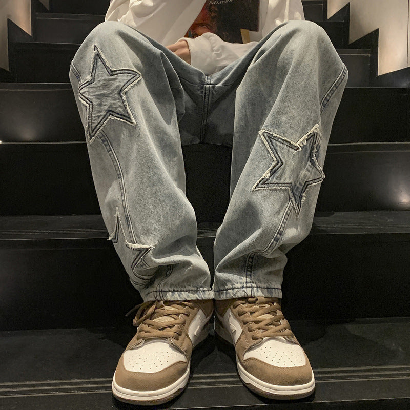 Men Jeans Straight-Leg Denim Trousers Autumn and Winter Loose