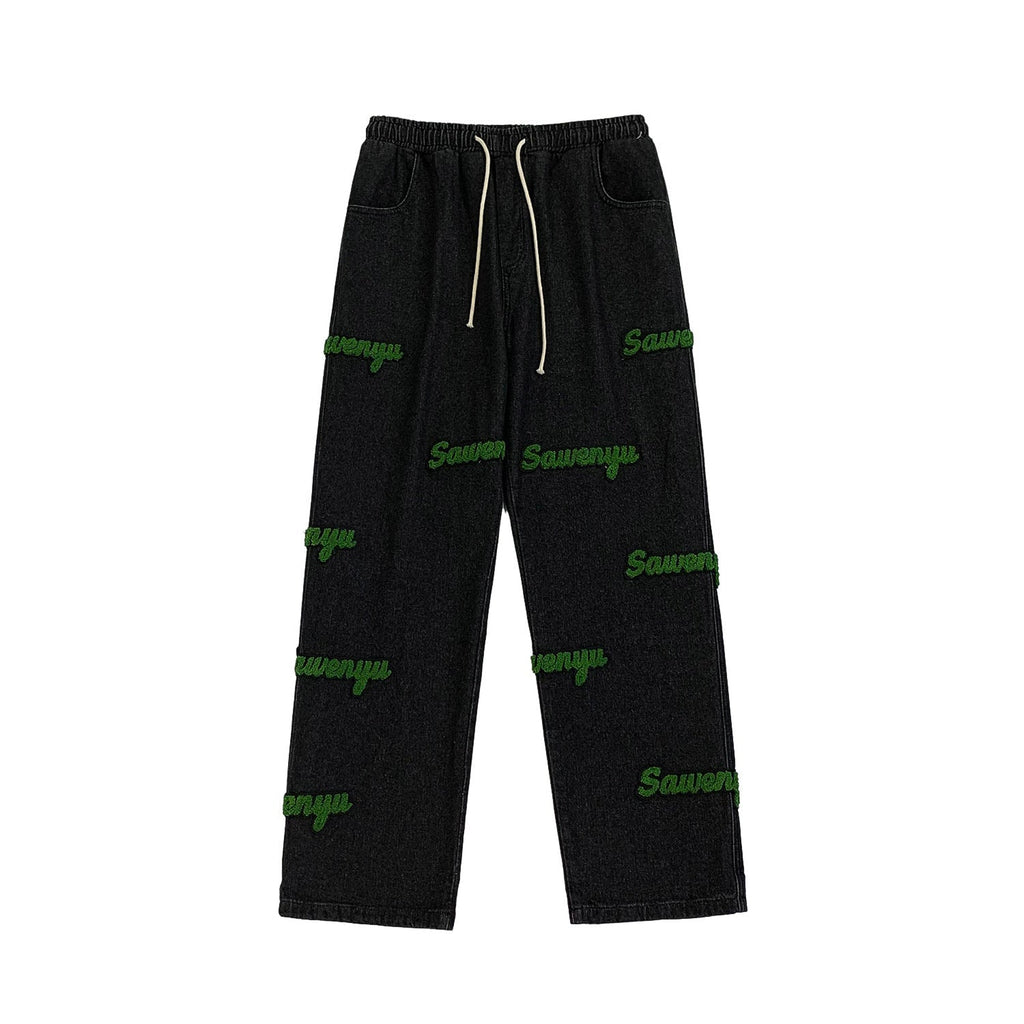 Men Jeans Flocking Embroidered Jeans Men's Spring and Autumn Loose Straight-Leg Wide-Leg Pants
