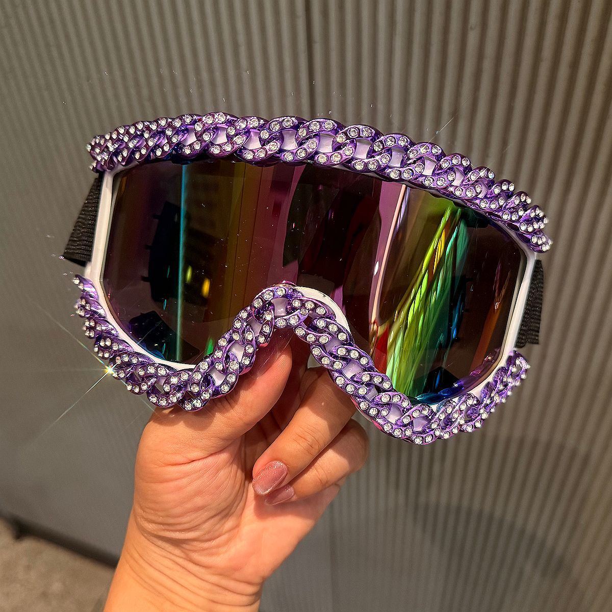 Trendy punk glasses diamond chain large frame
