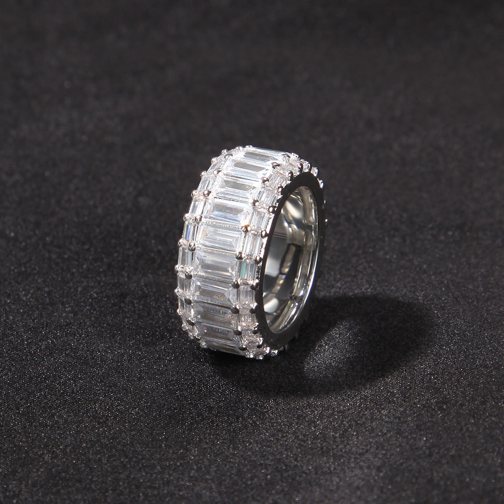 Rings ins Wind Three Row T Square Zircon Hip Hop Ring Spectrum St. Valentine's