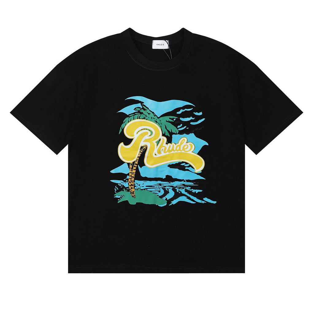 Rhude T Shirt Alphabet Coconut Racing Pattern Short Sleeve T-Shirt