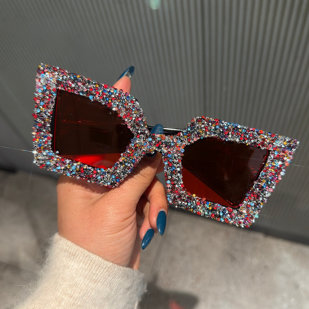 Trendy punk glasses full diamond wide legs