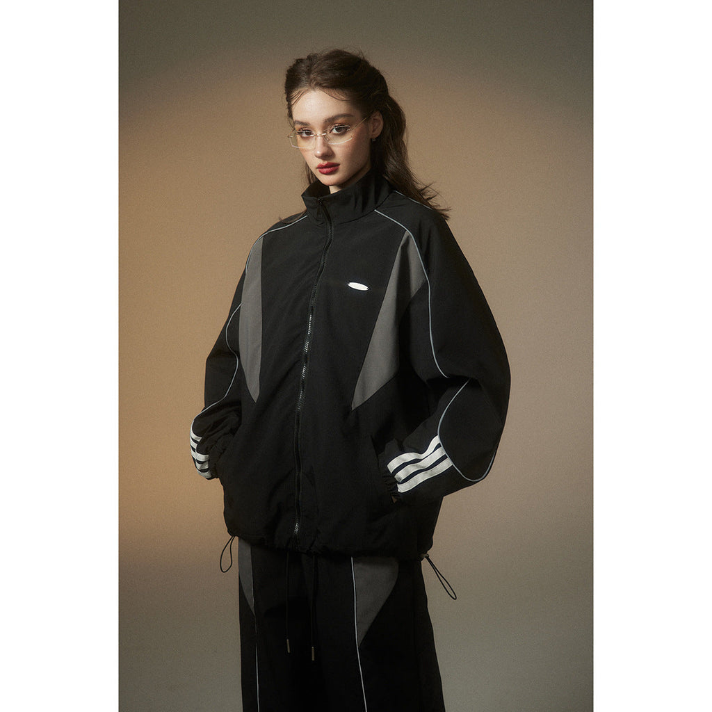 Unisex Jacket Vintage Sports Top Stitching Jacket Men and Women Loose Stand Collar Coat