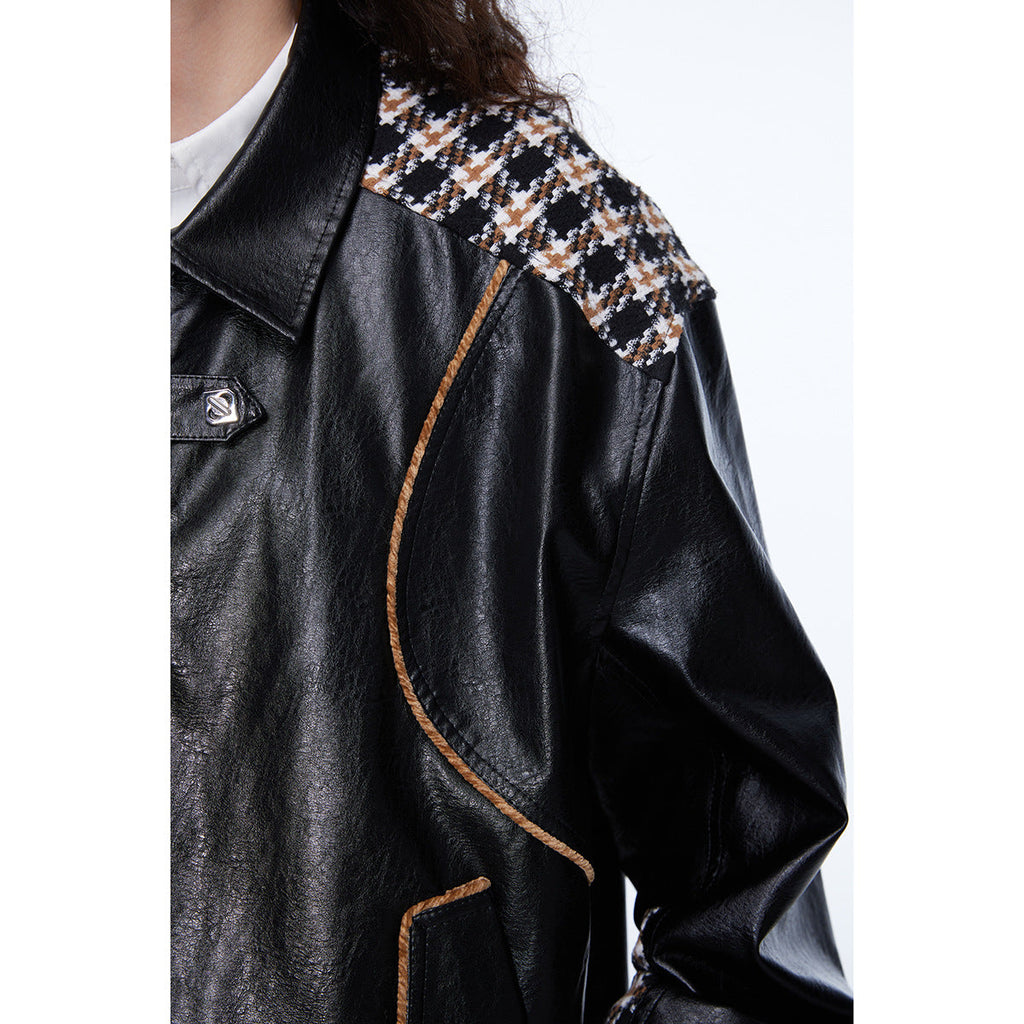 Unisex Jacket Retro Patchwork Plaid Motorcycle Jacket PU Leather Jacket