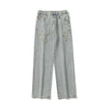 Men Jeans Retro Washed Cross Embroidered Jeans