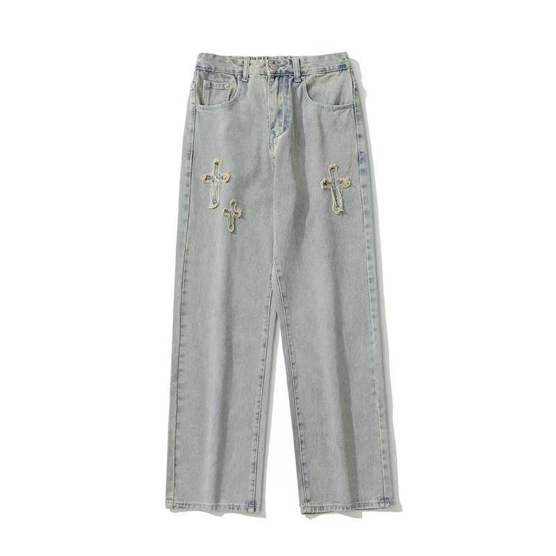 Men Jeans Retro Washed Cross Embroidered Jeans