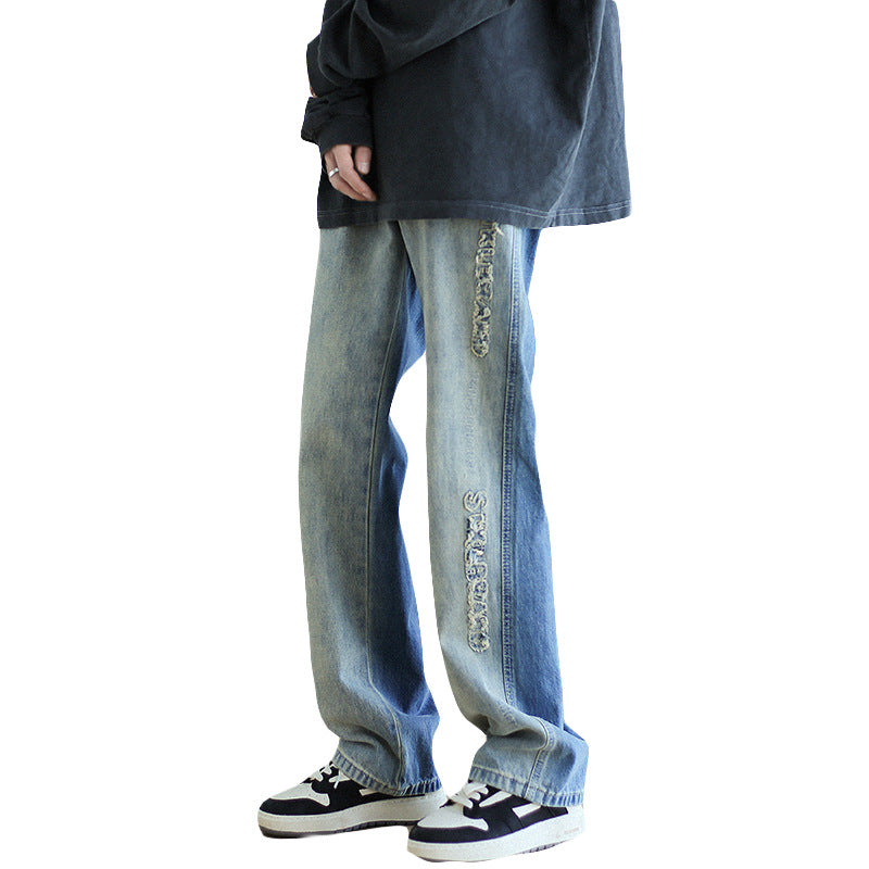 Men Jeans Hiphop Straight-Leg Trousers Retro Loose Wide Leg Pants