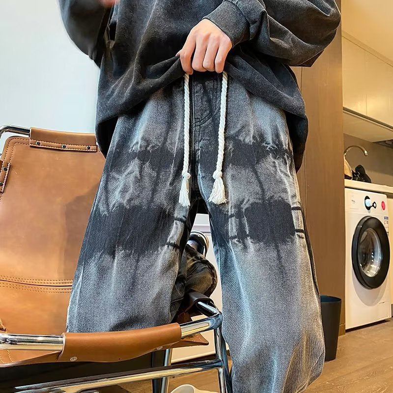 Men Jeans Tie-Dye Vintage Jeans plus Size Straight Wide Leg Pants