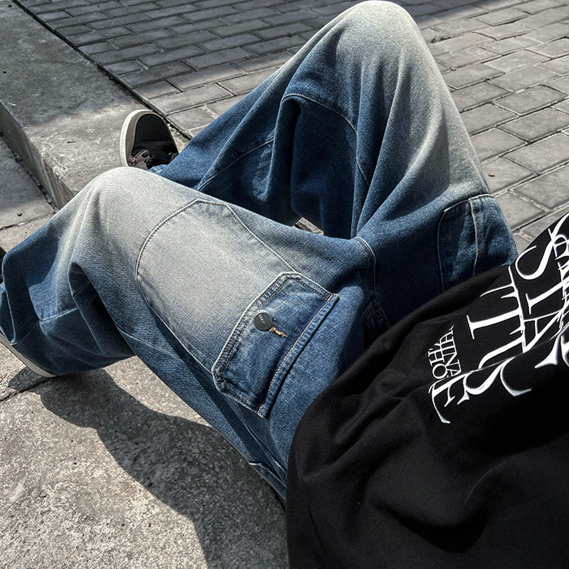 Men Jeans Cargo Jeans Men's Autumn and Winter Wide-Leg Trousers