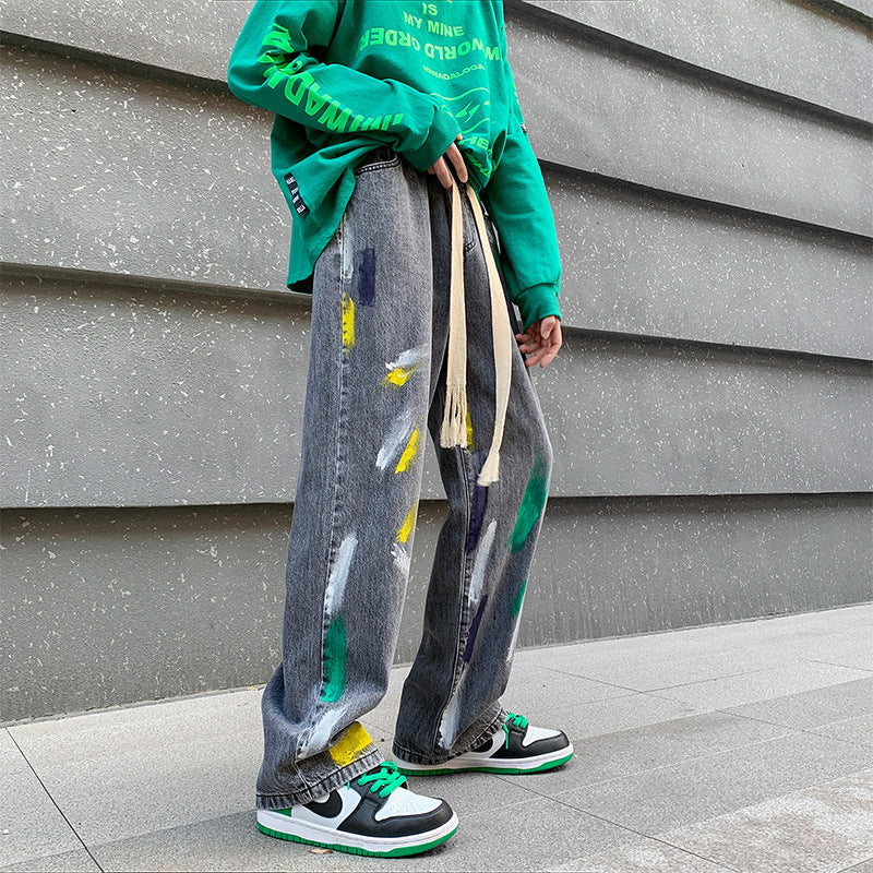 Men Jeans Graffiti Jeans Men's Spring and Autumn plus Size Hip Hop Wide-Leg Pants Straight Loose