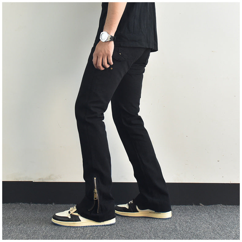 Men Jeans Zipper Slit Slightly Flared Casual Pants Loose Cargo Pants
