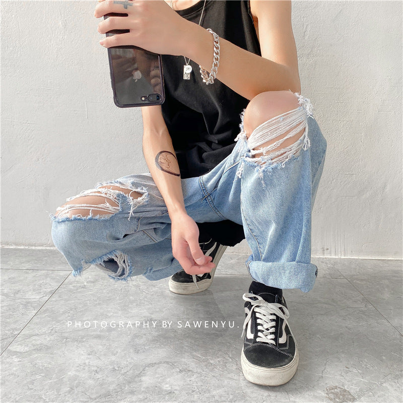 Men Jeans Ripped Jeans Hip Hop Summer Straight-Leg Pants