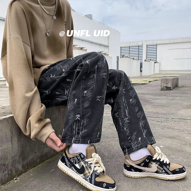 Men Jeans Autumn Leisure Straight-Leg Pants Retro Trousers