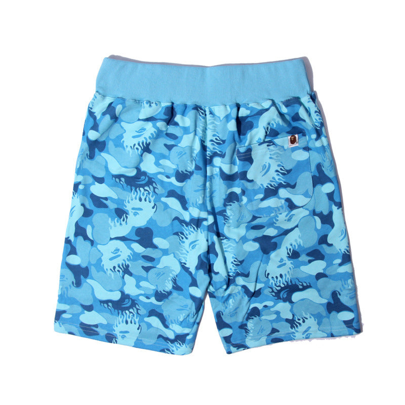 Bathing ape Bape Shorts Flame Blue Camo Shark Straight Beach Pants