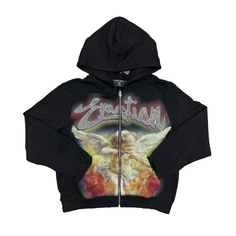 Mixed Emotion hoodie Masked Angel Hot Diamond Zip Cardigan Sweater Jacket Loose Hoodie