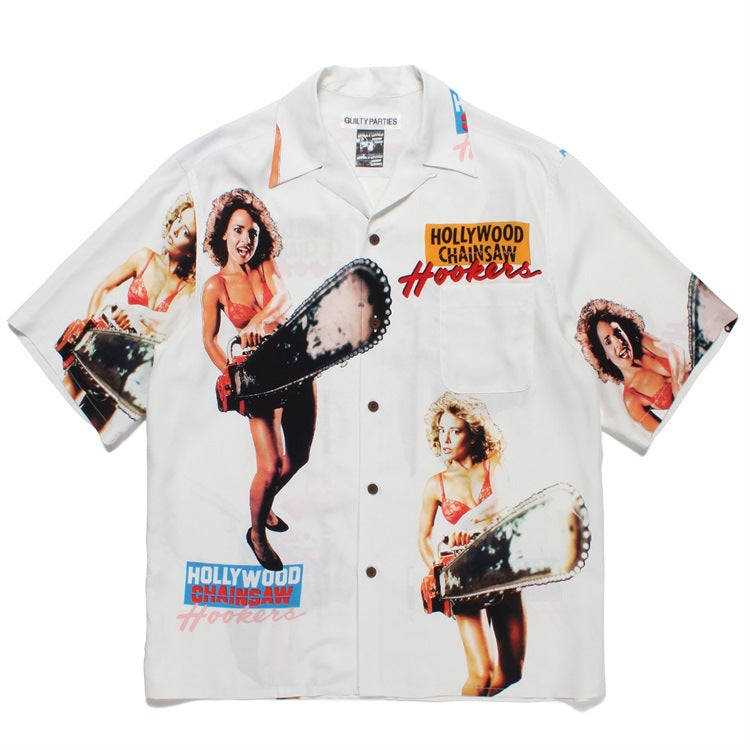 GUILTYPARTIES TIGER Shirts 23SS CHAINSAW Chainsaw Horror Hawaiian Short Sleeve Shirt Men