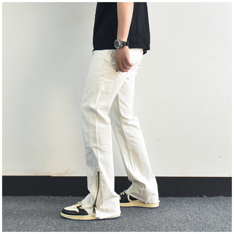 Men Jeans Zipper Slit Slightly Flared Casual Pants Loose Cargo Pants