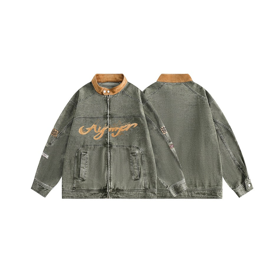 Unisex Jacket Vintage Racing Stand Collar Denim Jacket Spring and Autumn Coat Motorcycle Jacket