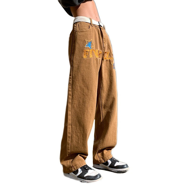 Men Jeans Embroidered Jeans Men's Summer Loose Wide Leg Pants Straight-Leg Trousers